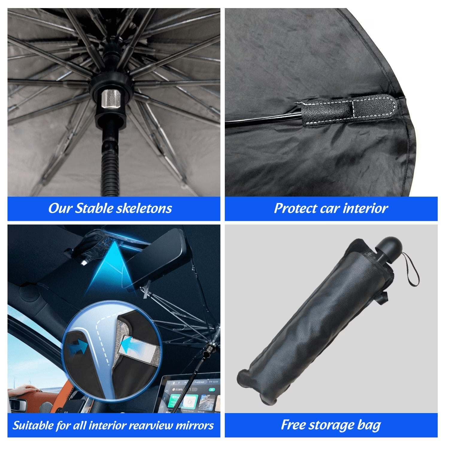 Car Windshield Sun Shade Umbrella, Upgraded Car Window Sunshade, Foldable Car Sun Shade for Windshield, Car Umbrella Sunshade Cover with 10 Fiberglass Ribs, UV Block & Heat Protection (57"X34")