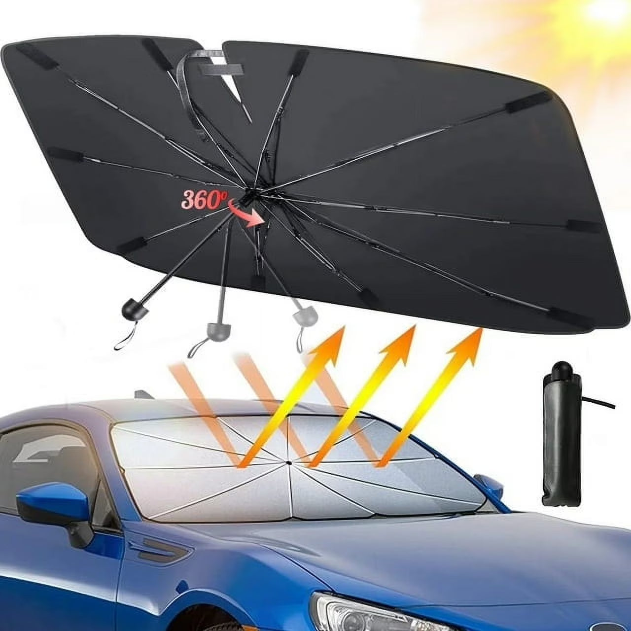 Car Windshield Sun Shade Umbrella, Upgraded Car Window Sunshade, Foldable Car Sun Shade for Windshield, Car Umbrella Sunshade Cover with 10 Fiberglass Ribs, UV Block & Heat Protection (57"X34")