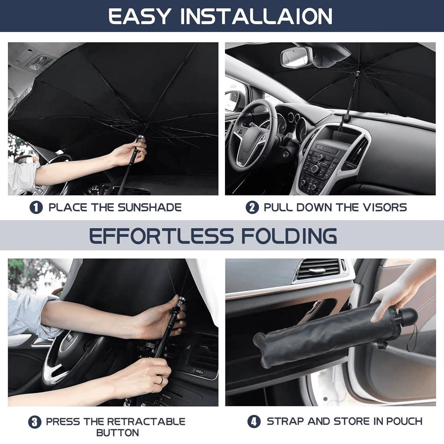 Car Windshield Sun Shade Umbrella, Upgraded Car Window Sunshade, Foldable Car Sun Shade for Windshield, Car Umbrella Sunshade Cover with 10 Fiberglass Ribs, UV Block & Heat Protection (57"X34")