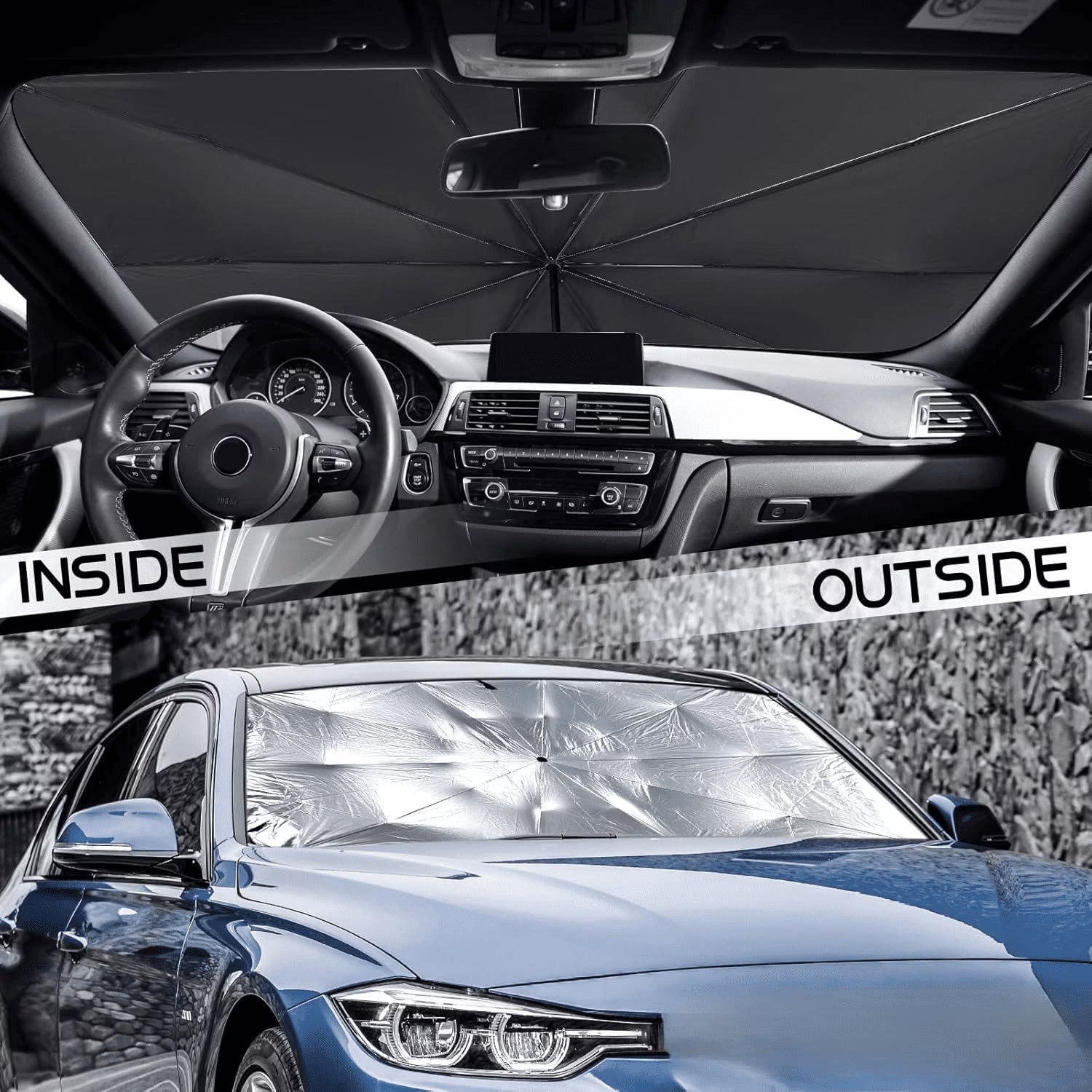 Car Windshield Sun Shade Umbrella, Upgraded Car Window Sunshade, Foldable Car Sun Shade for Windshield, Car Umbrella Sunshade Cover with 10 Fiberglass Ribs, UV Block & Heat Protection (57"X34")